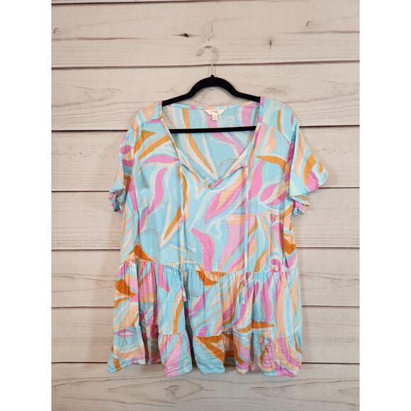 Terra & Sky Tops - Terra & Sky Women's Multicolor Abstract Print Short Sleeve Tiered Blouse Size 1X
